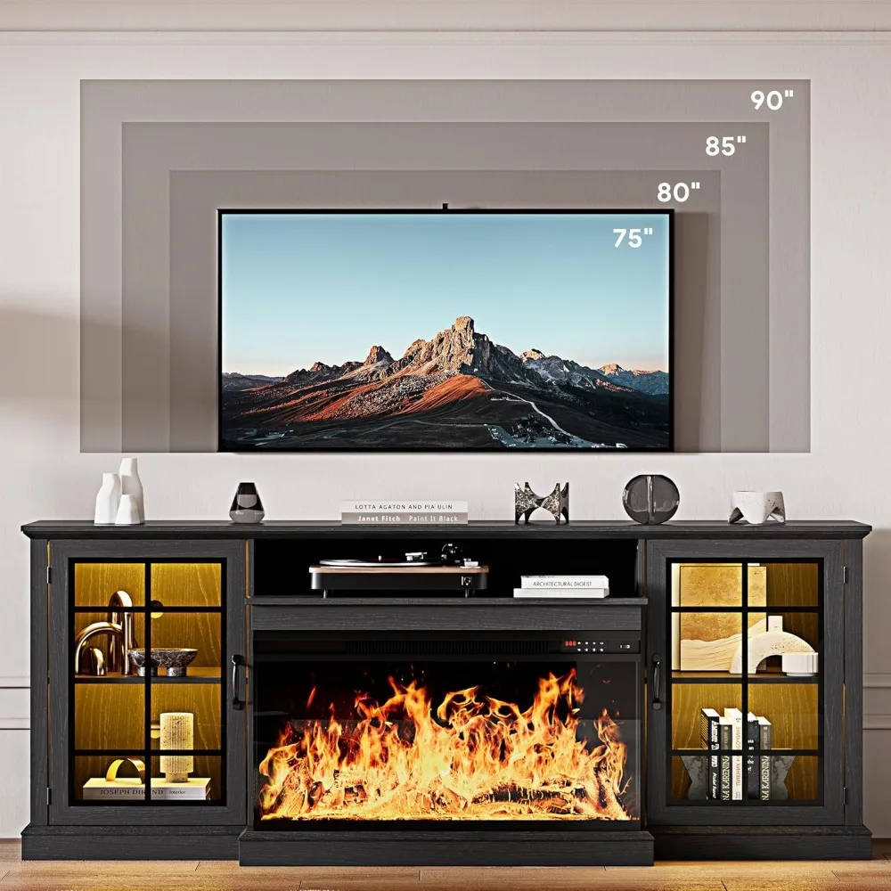 Supporto TV con caminetto da 80'', centro di intrattenimento in fattoria con supporto TV in vetro a 3 lati, tavolo consolle multimediale moderno con contenitore