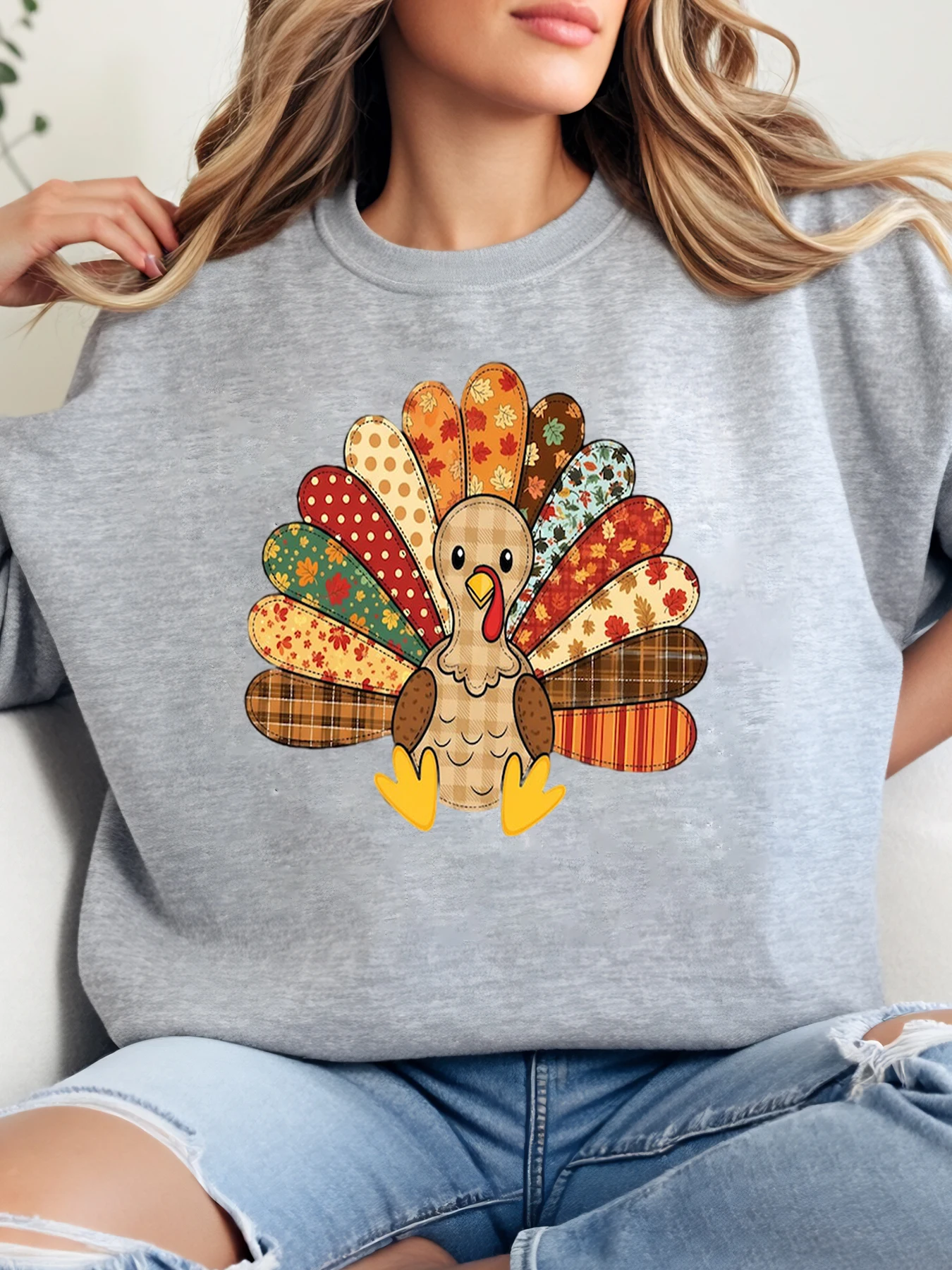 المرقعة تركيا طباعة الشكر Crewneck البلوز المرأة عارضة الخريف عطلة ارتداء رمادي زائد الحجم #1