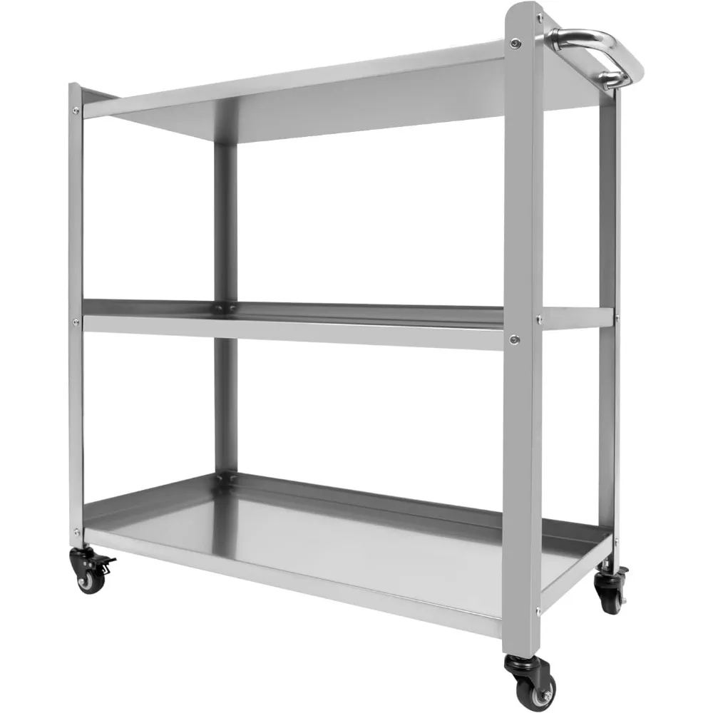 3 Tier Stainless Steel Kitchen Utility Cart, Kitchen Rolling Carts Serving Cart Storage Trolley Serving Cart with Wheels &Handle