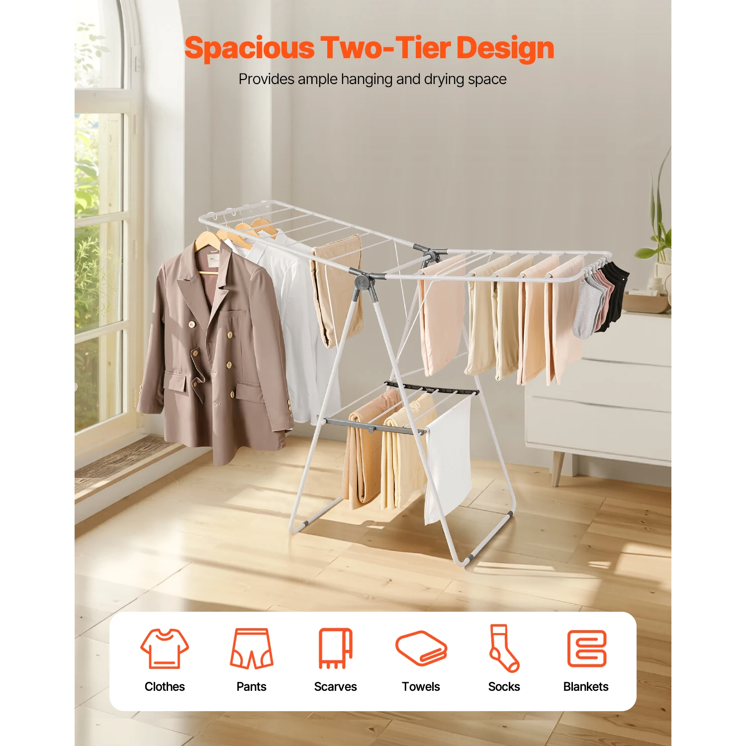 VEVOR Clothes Drying Rack Foldable Laundry Dryer Rack with Sock Clips Metal Height Adjustable Drying Racks for Outdoor&Indoor