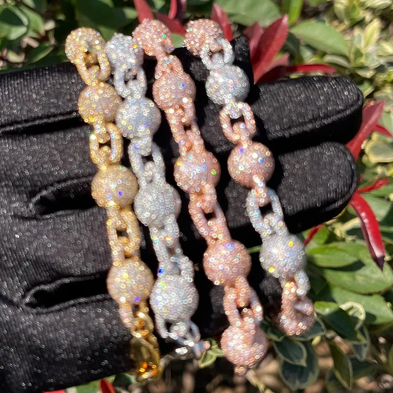 

Хип-хоп 5A+ CZ Stone Bling Iced Out Solid Beads Link Chain Браслет для мужчин и женщин Унисекс Рэпер Ювелирные изделия Розовое золото Серебро Цвет