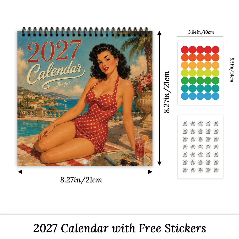 1pc 2027 Vintage Pin-up Girl Wall Calendar,12‑Month Planner,Gift For Back‑to‑School,Christmas,New Year,Free Stickers Included