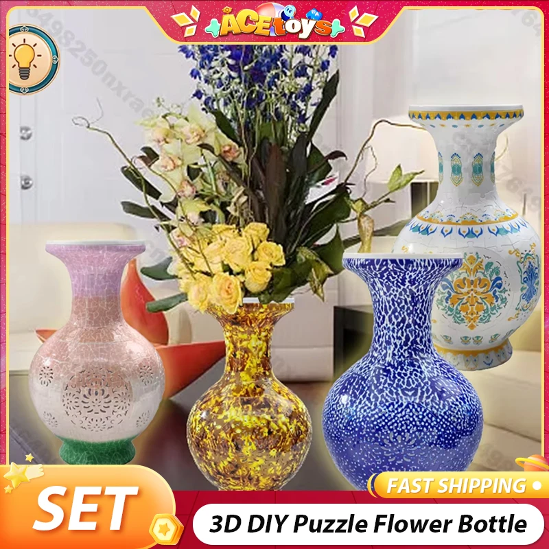 

3D DIY Puzzle Assembly Flower Bottle Porcelain Design with Light Educational Toy Home Decoration House Arrangement Warming Gift