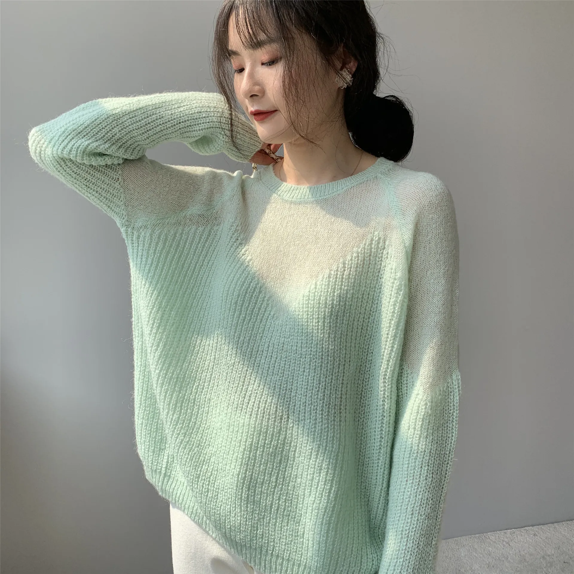 2024 New Women Sexy See Through Knit Mohair Pullovers Long Sleeve Good Quality Thin Spring Wear Clothes Sweater Pull Femme