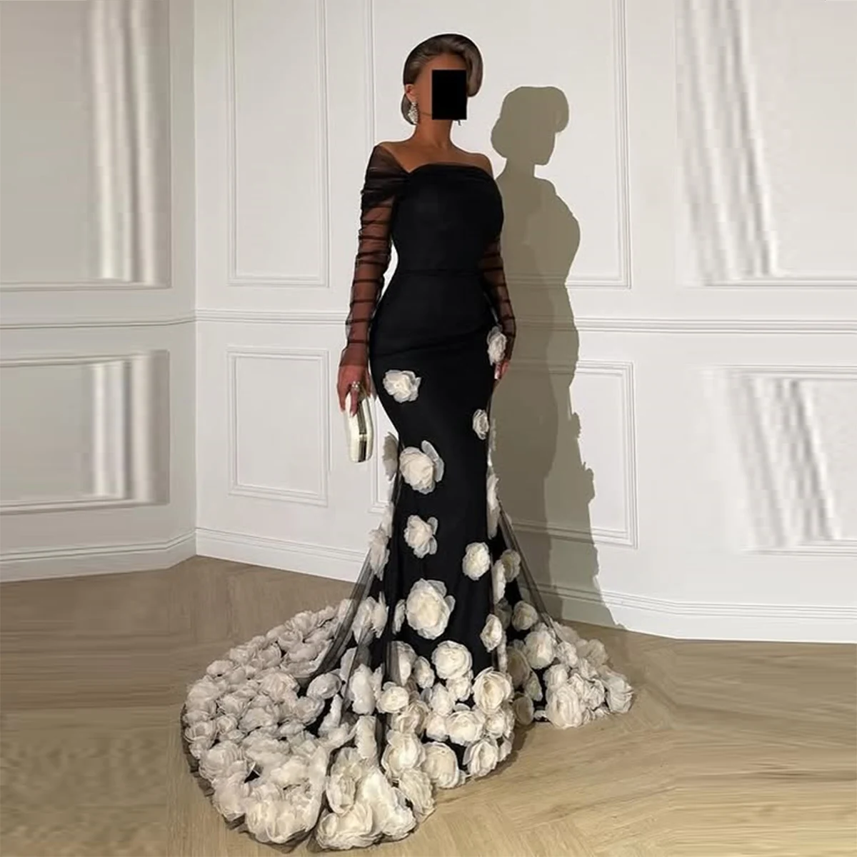 

Black And White Mermaid Prom Dress Off The Shoulder Sheer Long Sleeves Handmade Flowers Evening Gowns Sweep Train Party Dress