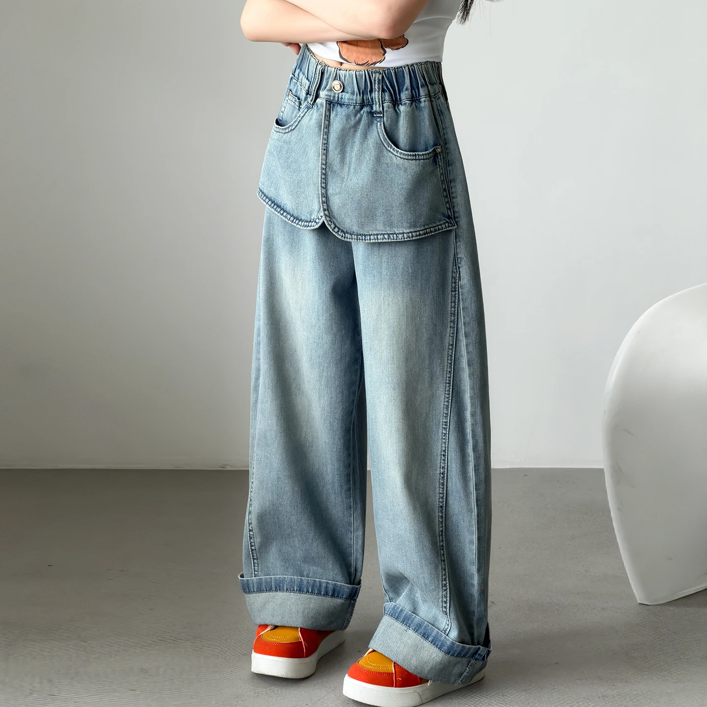 2026 New Junior Girls Wide-leg Jeans Elastic High Waist Big Pocker Denim Trousers Rolled Hem Casual Baggy Pants For Teen Girls