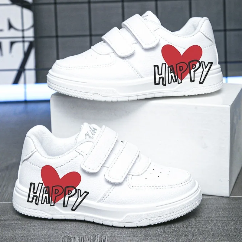 JGSHOWKITO Children White Skate Sneakers Happy Heart Printed Fashion Classic Boys Girls School Casual Running Shoes Fashion Soft