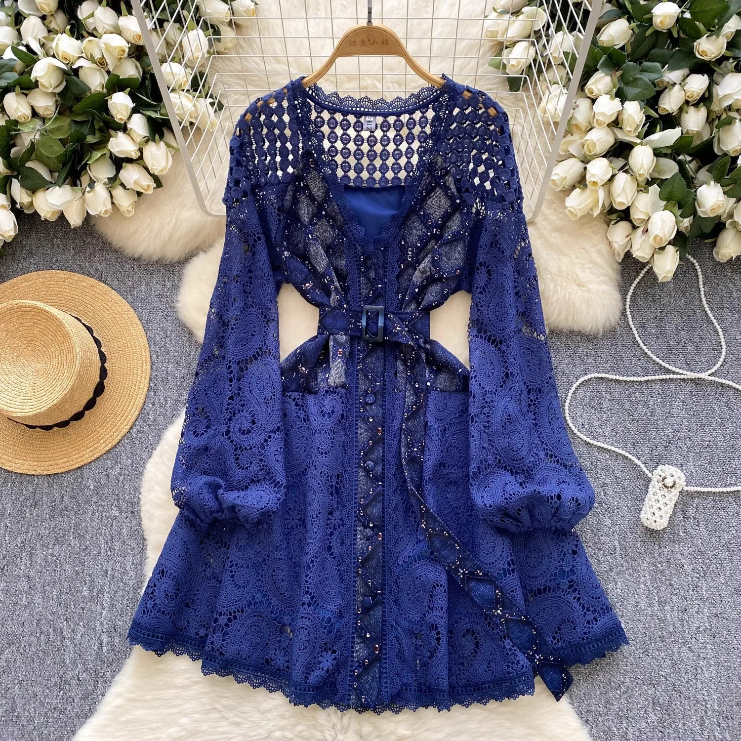 

2025 Spring French Elegant Hollow Out Splice Lace Embroidery Dress Women's V Neck Long Sleeve Belt Lace Up Summer Female Clothes