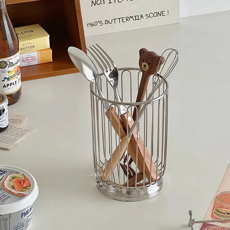 Ins Cylindrical Storage Bin  Desktop Spoon Tableware Stainless Steel Drain Bin Stationery Makeup Brush Comb Storage Bin