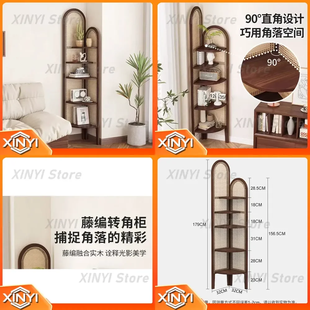 Chinese Retro Solid Wood Rattan Corner Cabinet Shelf for Living Room Sofa Wall Bookcase Triangular Drop Storage Cabinet