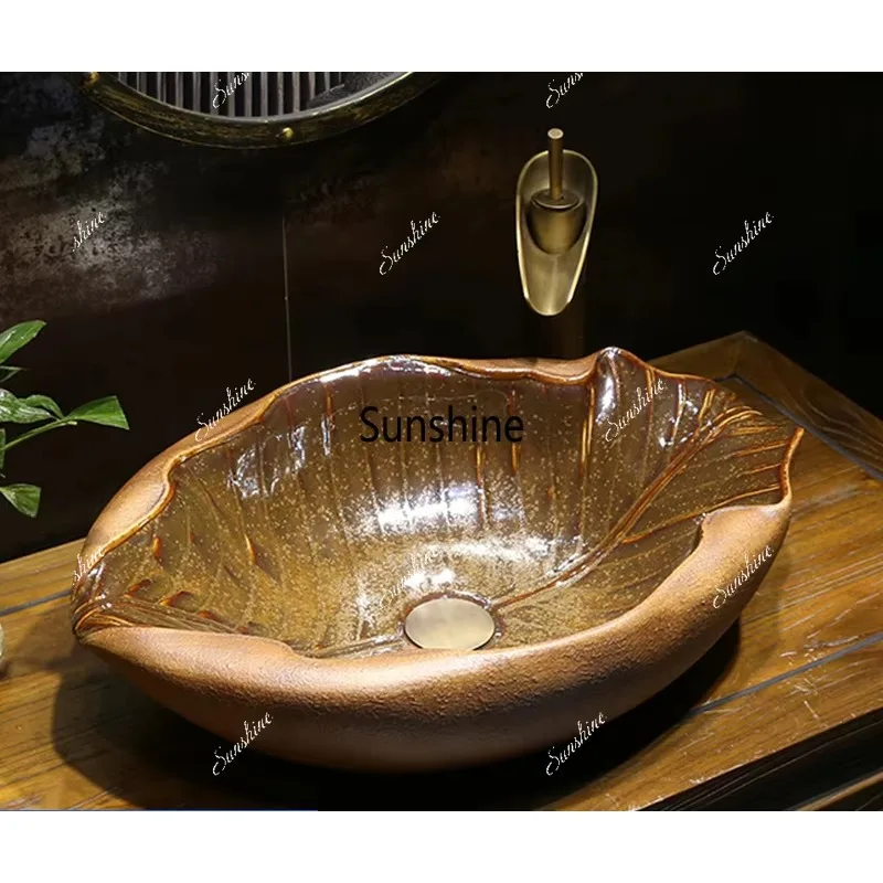JIENI Art Ceramic Bathroom Sink Set Leaf Style Washbasin W/ Waterfall Antique Brass Faucet Pop Up Drain High End Porcelain Sinks