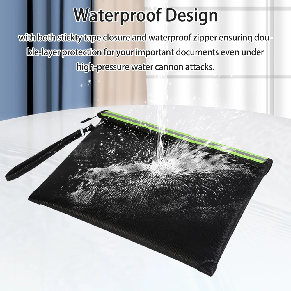 

Fireproof Document Bag A4 Waterproof Zipper Closure Pouch Heat Insulated Cash Safe Storage with Reflective Strip for Certificate