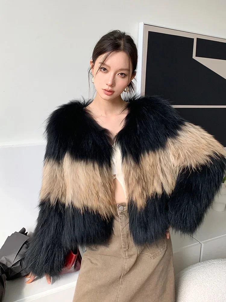 

Color Contrast Weave Fur Jacket Women High-end Natural Raccoon Dog V-neck Casual Autumn Winter Warm Real Coats