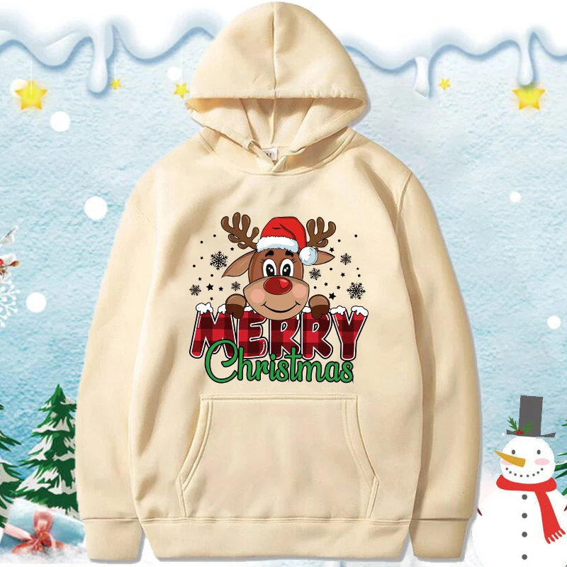 (Premium Hoodie)Cute Merry Christmas Print Hoodie Women Autumn Winter Lovely Fleece Long Sleeve Men Casual Round Neck Pullover