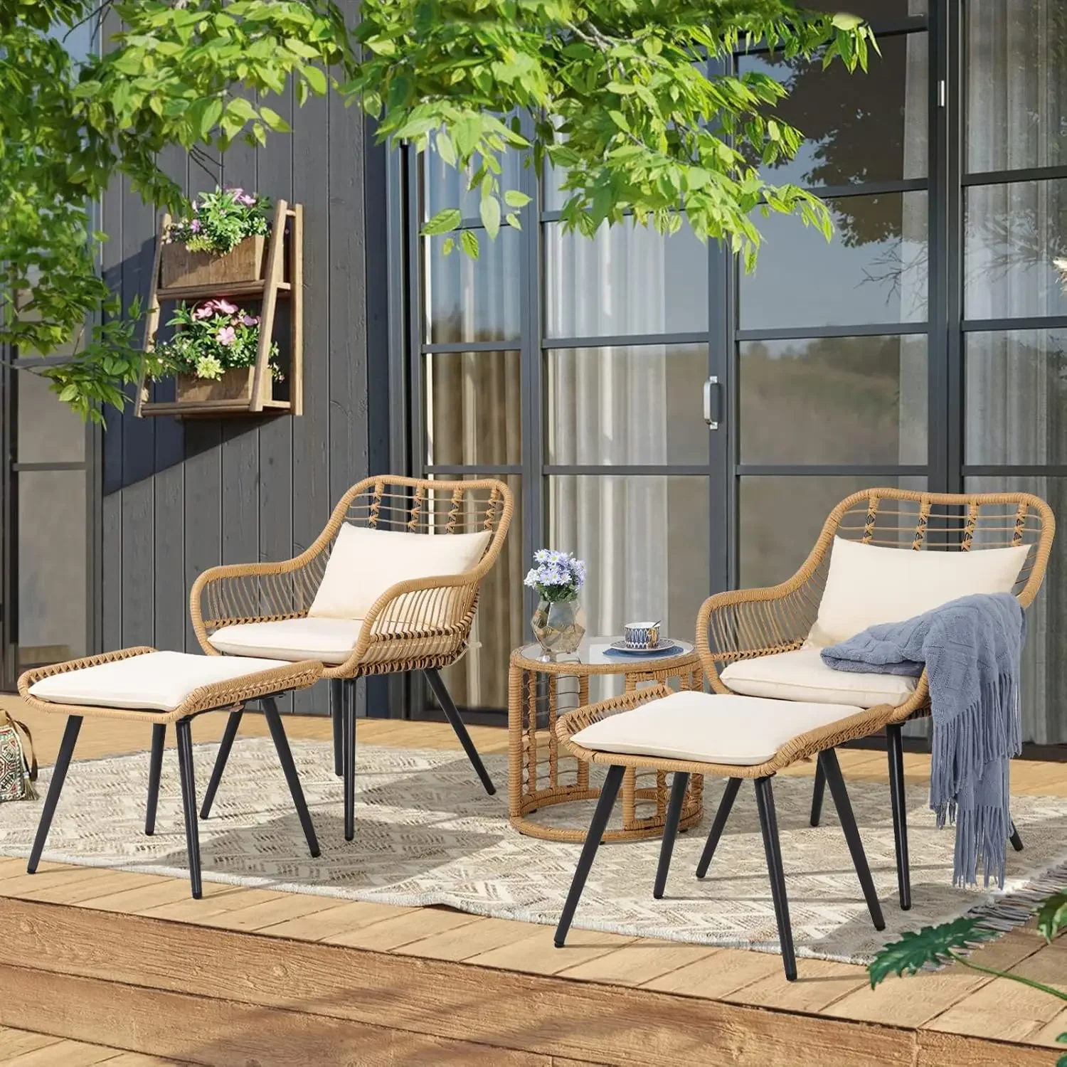 JOIVI 5 Piece Outdoor Wicker Furniture Set, Rattan Bistro All Weather Conversation Set with 2 Ottomans and Coffee Side Table,