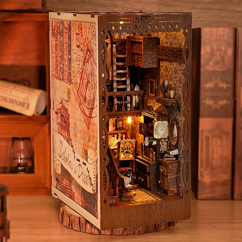 Retro DIY Book Nook Kit Wooden Miniature Doll House With Furniture 3D Puzzle Bookshelf Insert Booknook Decor For Christmas Gifts