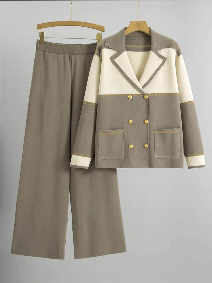 Korean Design Knitted 2 Piece Sets Women Lapel Neck Double Breasted Knitwears Sweater Cardigan Conjuntos High Waist Pants Outfit