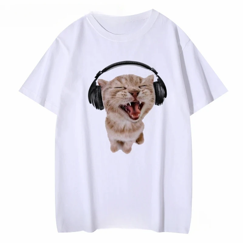 Kawaii Kitten With Headphones Print Women T Shirt Short Sleeve O Neck Cat T-shirt Fashion Harajuku Kawaii T-shirt Y2K Clothing