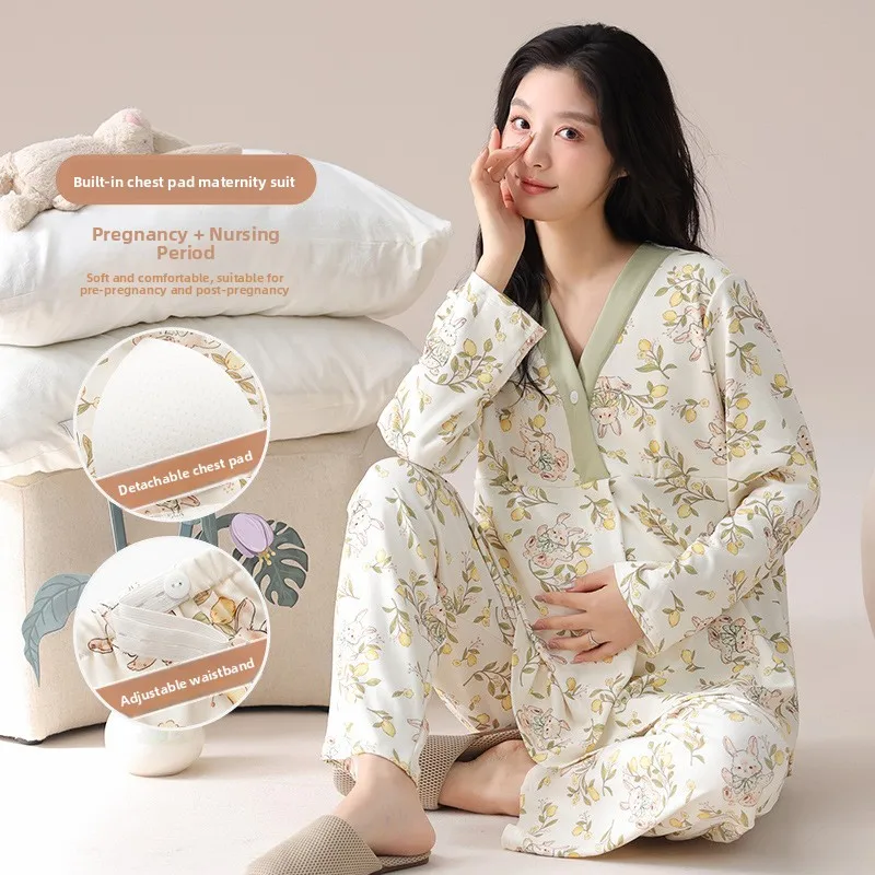 

Хлопковая домашняя одежда с длинным рукавом для беременных и кормящих женщин, свободный крой, V-образный вырез, милый мультяшный дизайн, домашний костюм