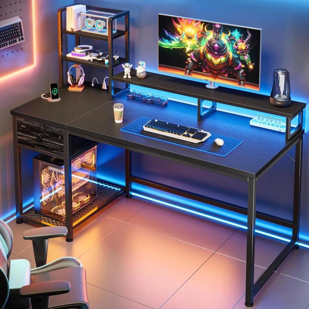 

44 Inch Computer Desk with Hutch and Drawers,Reversible Gaming Desk with Monitor Shelf,Home Office Desks with USB Power Outlets