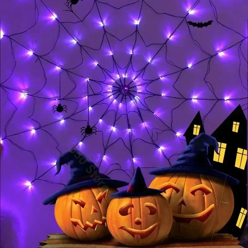 Ghost House Party LED Spider Web Lights Halloween String Decoration Colorful Spider Web Atmosphere Light for Festival Decor
