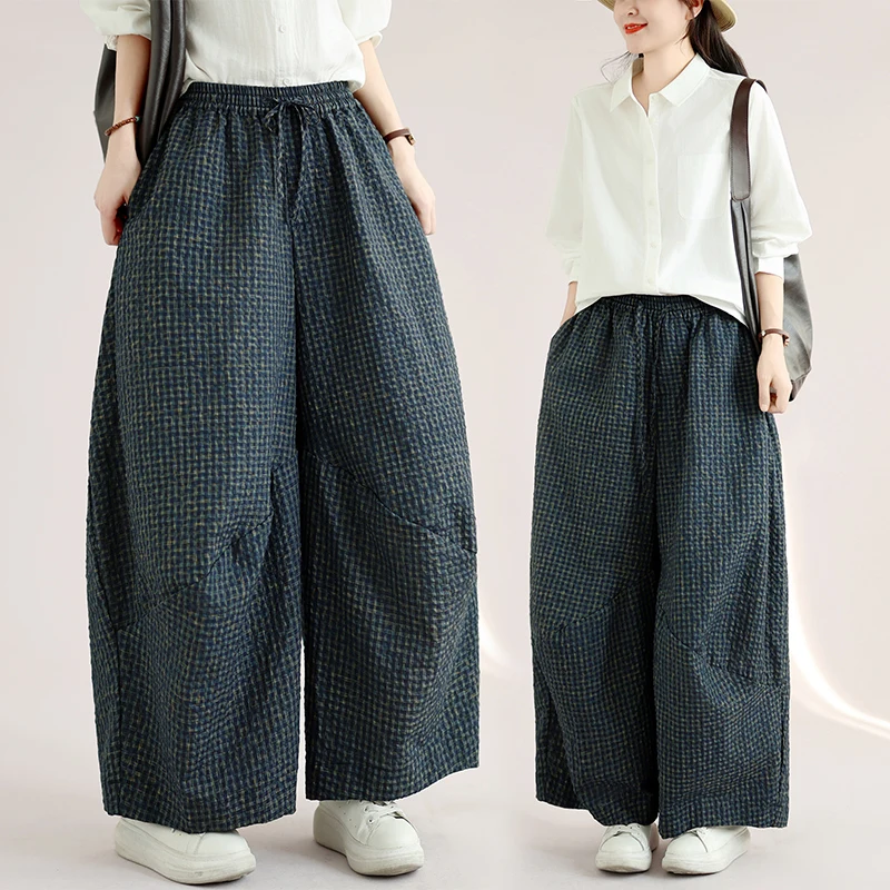 plus Size Plaid Casual Pants High Waist Slimming Harlan Wide Leg Pants Purple for plus Size Women Elastic Waist Autumn Wear