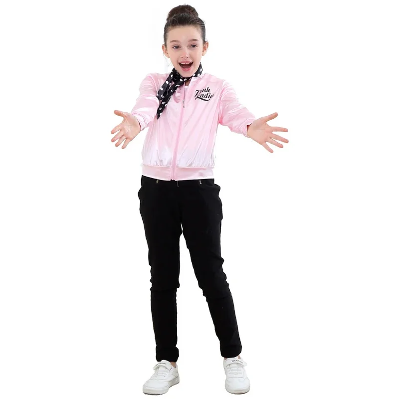 Grease Cosplay Costume The Pink Ladies Gang Girl Women Jacket Kids Retro Fancy Cheerleader Jacket Halloween Carnival Party Cl&J1