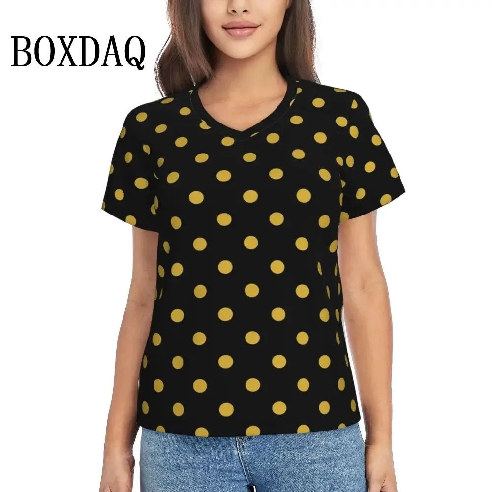 Casual Polka Dot Print T Shirts Summer Fashion V Neck Street Wear Oversized T Shirt Short Sleeve Women Kawaii Shirt Graphic Tops