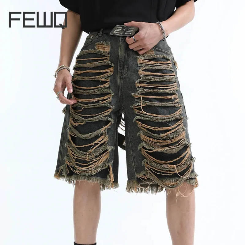 

FEWQ Niche Tassel Designs Denim Men Shorts Vintage 2024 High Street Casual Korea Fashion Patchwork Male Trousers 24E1680