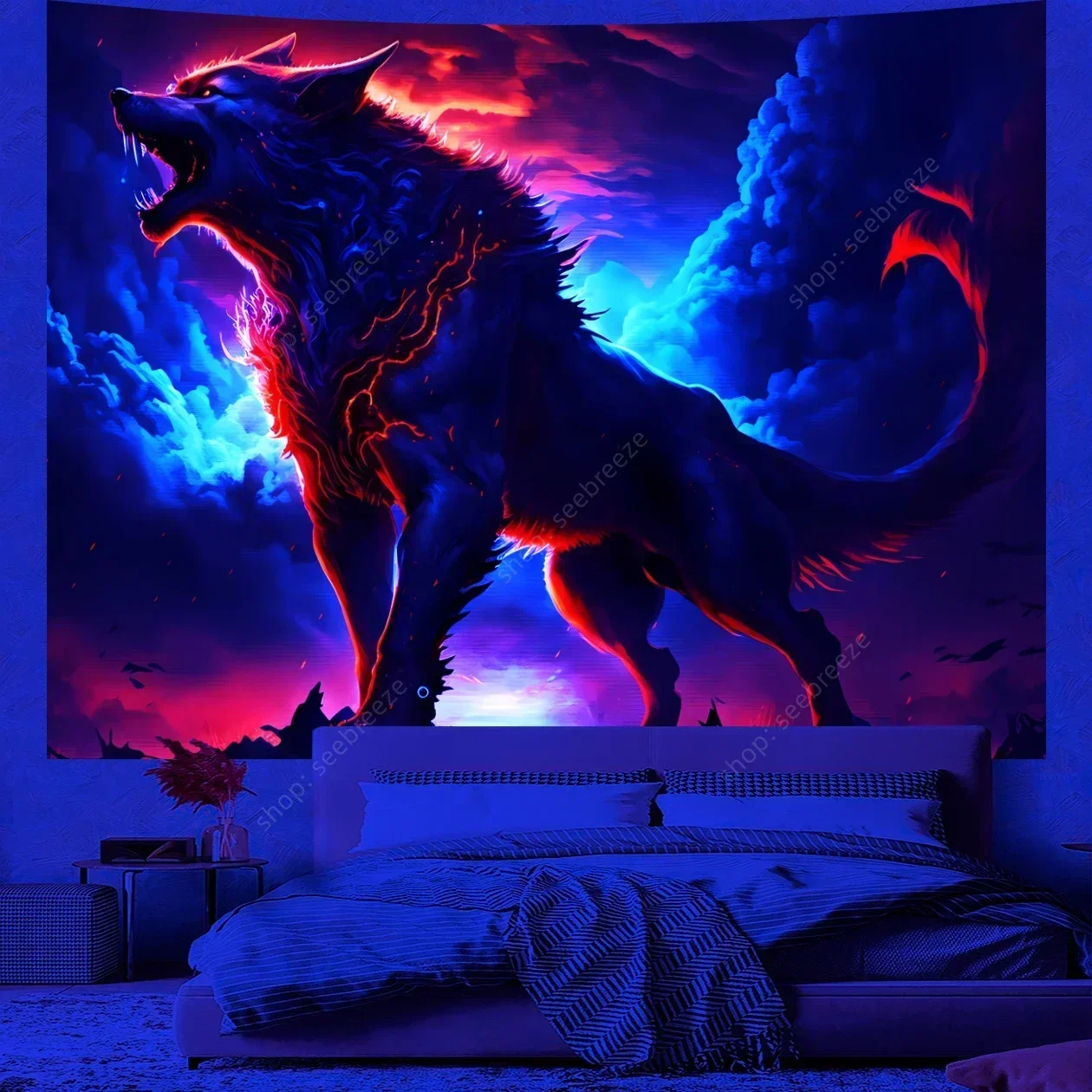 Animal Tapestry Psychedelic Wolf UV Reactive Tapestry Wall Hanging Hippie Room Decor Sofa Blanket Beach Towel Gift for Friend