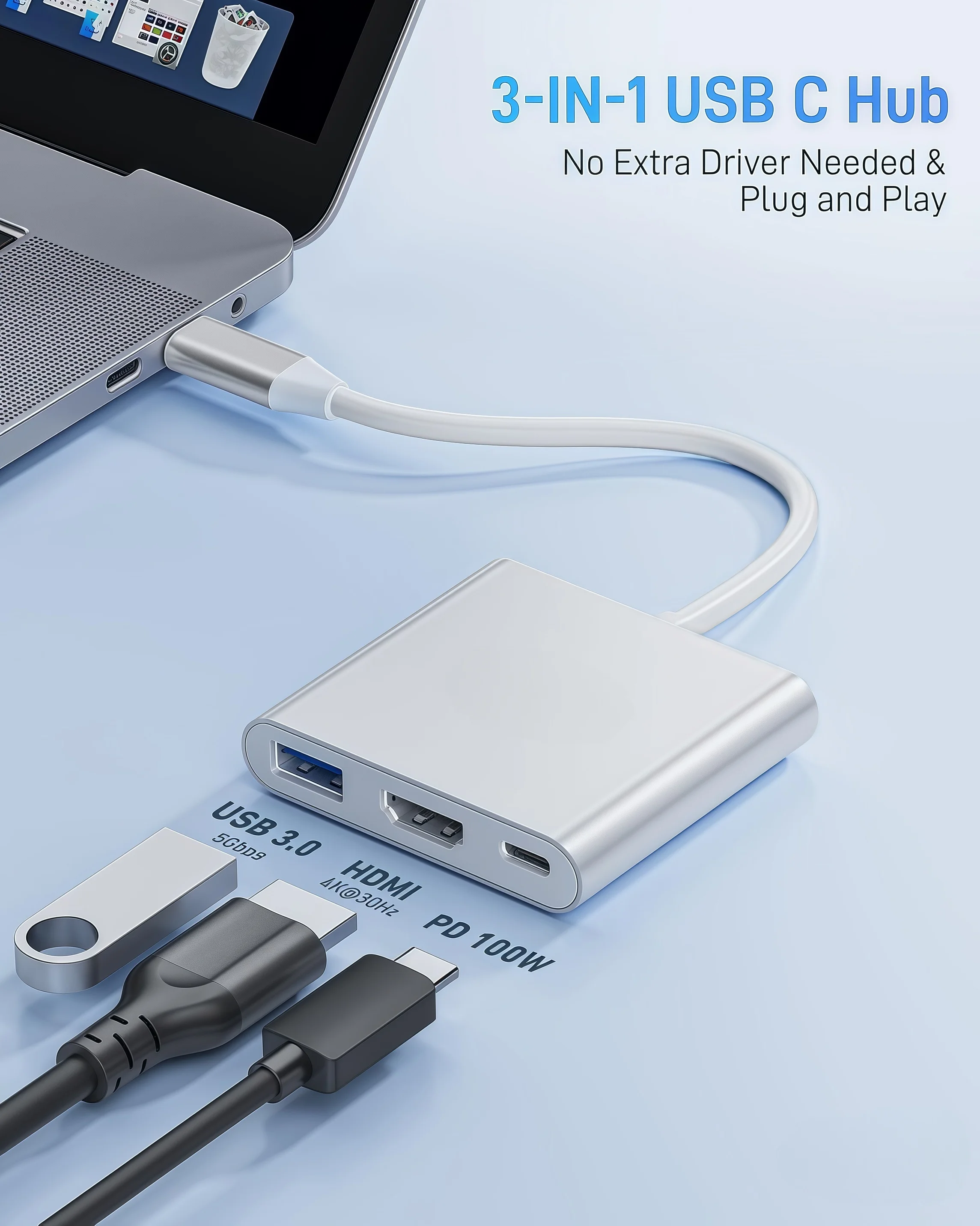 10PCS Penjualan Terbaru 4K30Hz USB C Ke HDMI 3-in-1 Adapter 100W PD Pengisian Cepat 5GBps Untuk Laptop/iPhone/Samsung/HUAWEI/XIAOMI