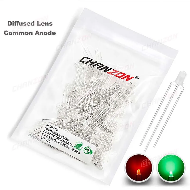 Bicolor 3 mm LED Light Emitting Diode Lamp 100pcs Green Red Common Cathode Anode Clear Diffused Indicator 3V DIY Bi Color Bulb