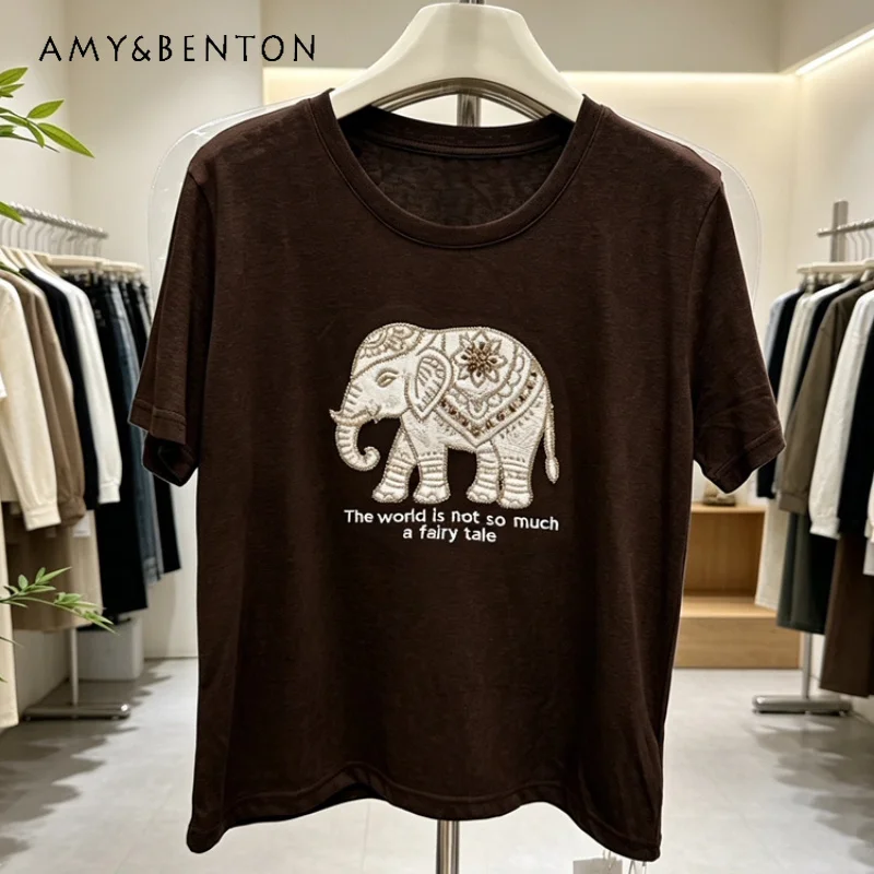 

Women Crew Neck Short Sleeves Tees Thin Cool Fabric Elephant Pattern Bamboo Cotton Loose Daily Wear 2026 New Y2k Kawaii T-shirts