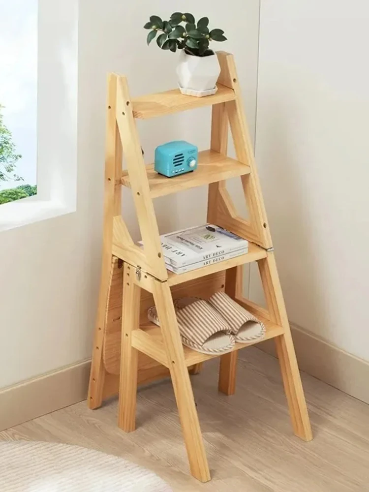 Solid Wood Step Stools 4 Step Ladder Foldable House Ladder Multifunction Home Furniture Household Ladders Home Indoor Staircase