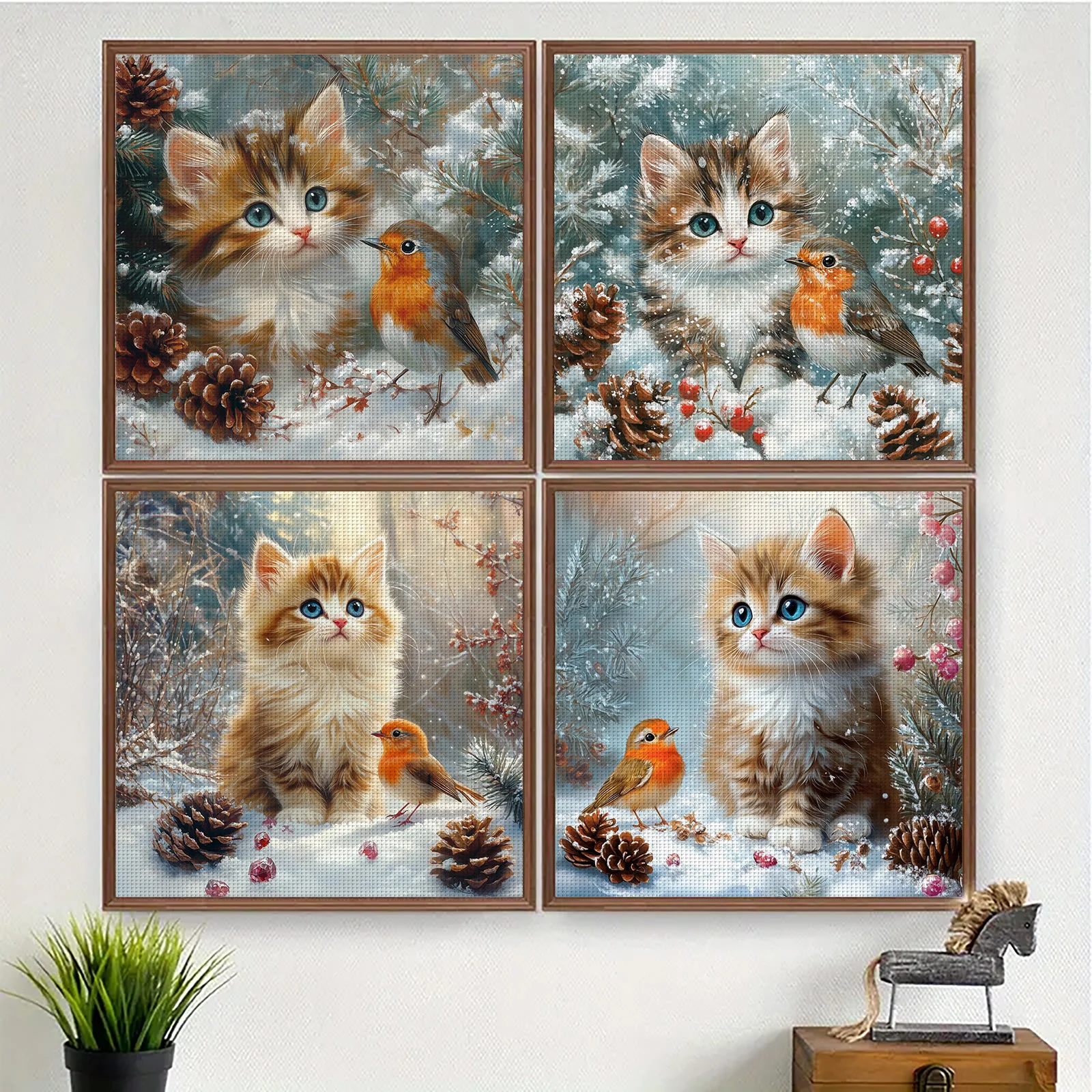 

1PC 46X46cm/18.11X18.11inch,11CT print cross stitch DIY kit,Winter Kitten&Robin,adult beginner's relaxed cross stitch stitch set