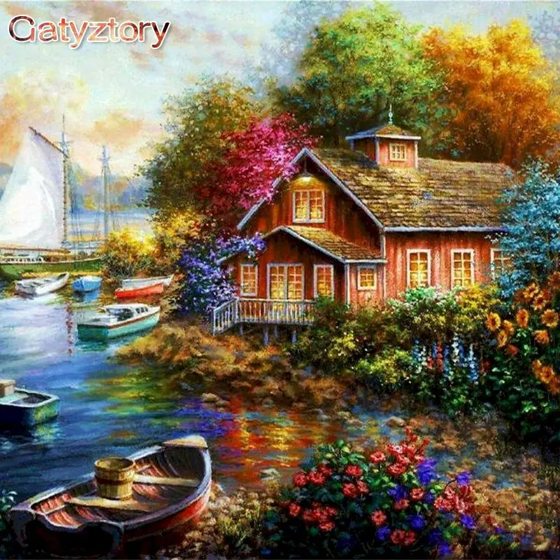 

GATYZTORY Paint By Numbers For Adults Children HandPainted River Chalet Scenery Oil Picture By Number 60x75cm Frame On Canvas