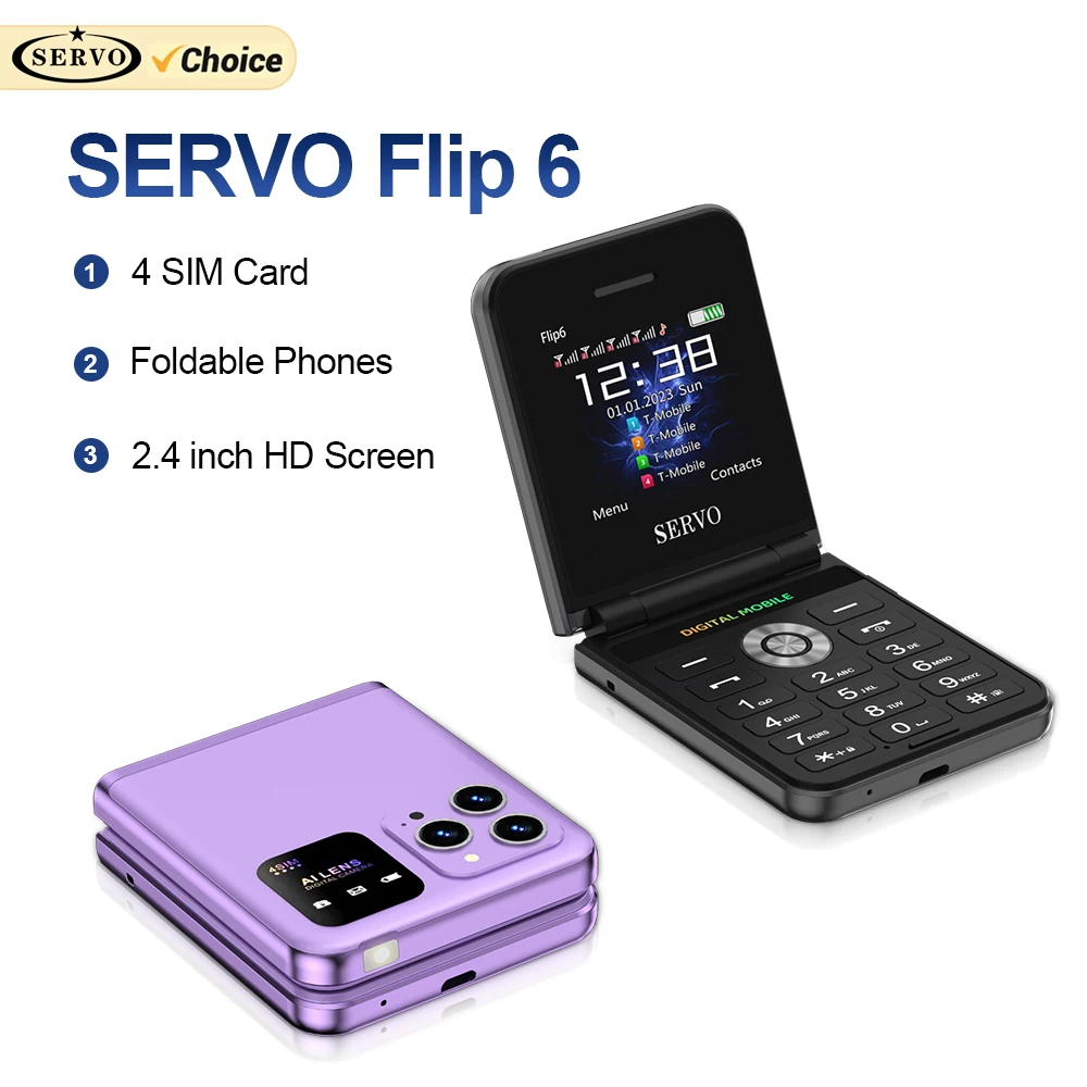 SERVO Flip6 4 SIM Card Fold Mobile Phone GSM 2.4 Inch Display Auto Call Record  Speed Dial Magic Voice FM Lifted Cover Cellphone