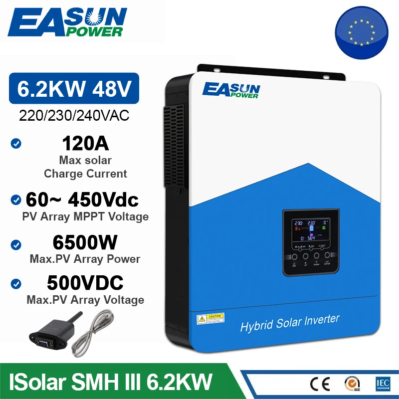 EASUN POWER Hybrid Solar Inverter 6200VA 6.2KW 48V Photovoltaic Hybrid Inverter 230VAC Max PV 450V Build in 120A MPPT Charger