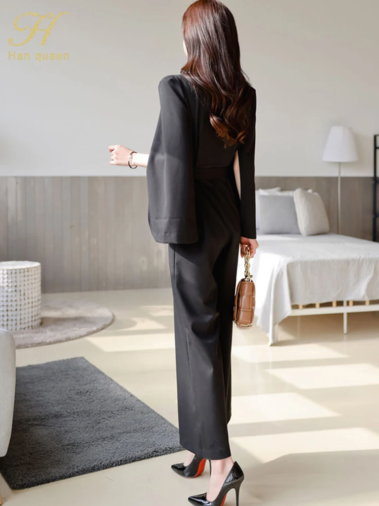 H Han Queen Hot Sale Elegant Casual Office High Waist Rompers Summe Business Jumpsuits Women Wide Leg Trousers Long Playsuits