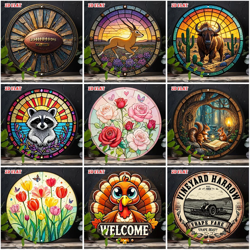 2D Flat Round Metal Tin Sign Vintage Stained Glass Sport Animal Flower Farm Text Pattern Wall Decor Plaque For Home Ranch Farm