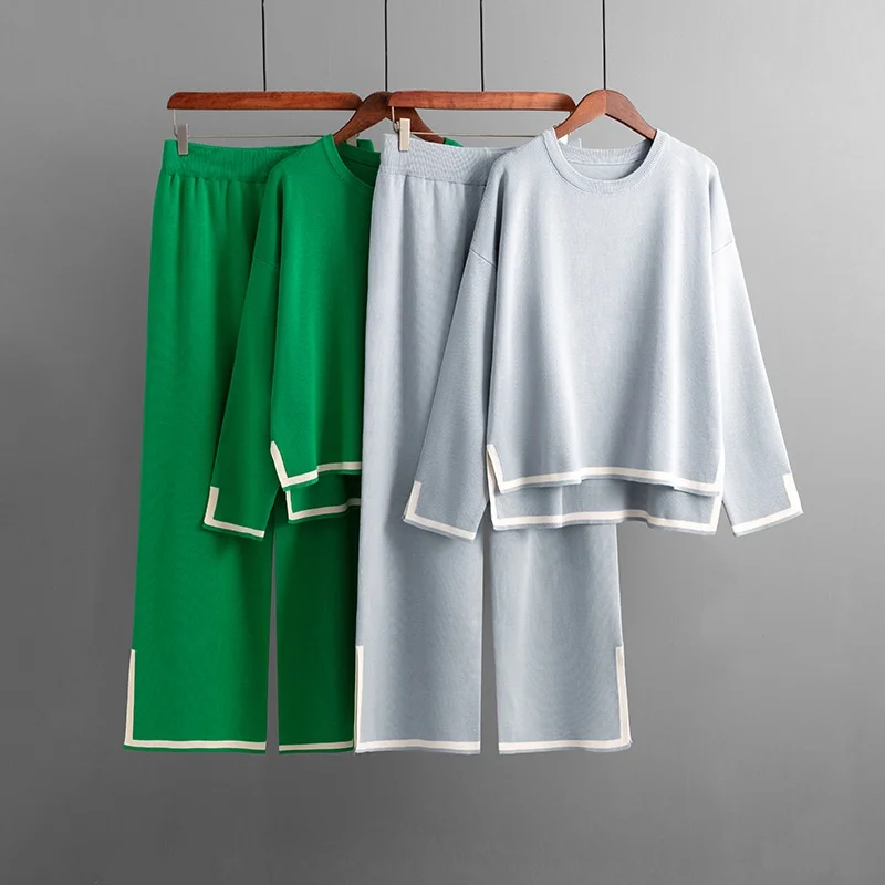 2023 Autumn and Winter Two-Piece Suit New Temperament Contrast Color Split Long Sleeve Knitting Suit High Waist Slim-Fit