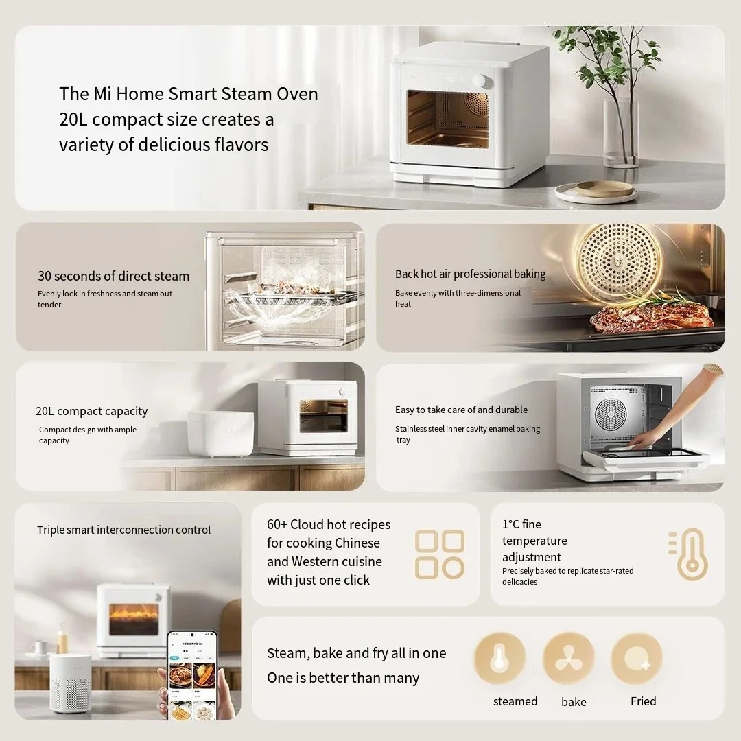 Smart Steamer Oven, 4-in-1 Multi-functional Steaming, Roasting, Frying, and Stewing, 20L