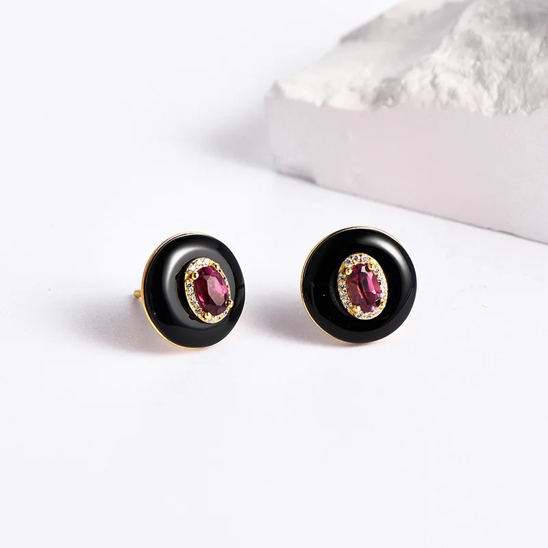 Black Agate Red Garnet 925 Sterling Silver Stud Earrings For Women 2023 New Simple Minimalism Gemstone Small Earrings Gift