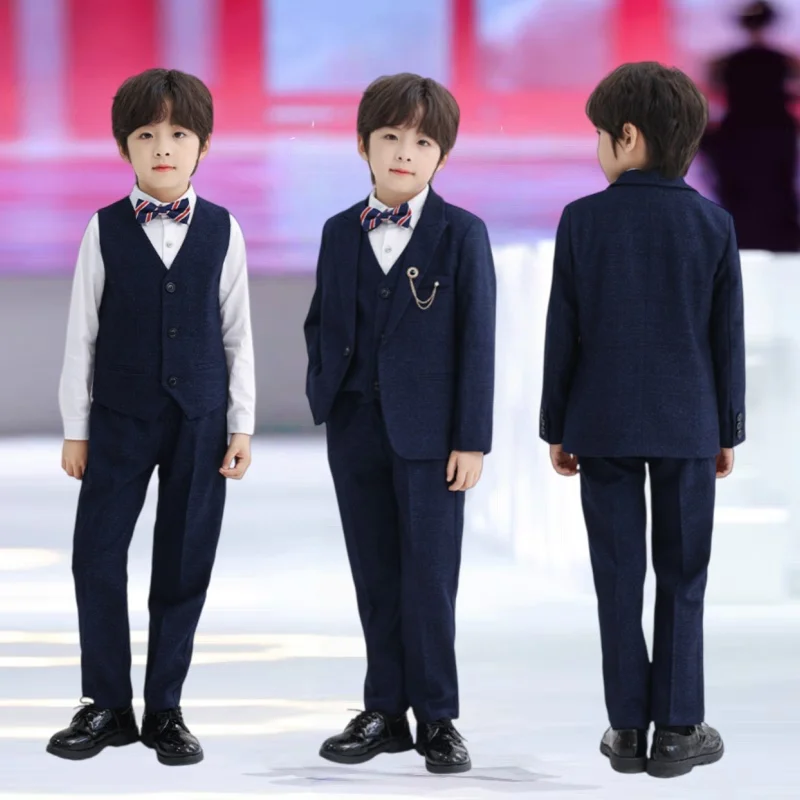 

kids Blazer Vest Pants Brooch Bowtie 5Pieces Piano Host Performance Outfit Suit Boys Formal Wedding Birthday Photography Suit