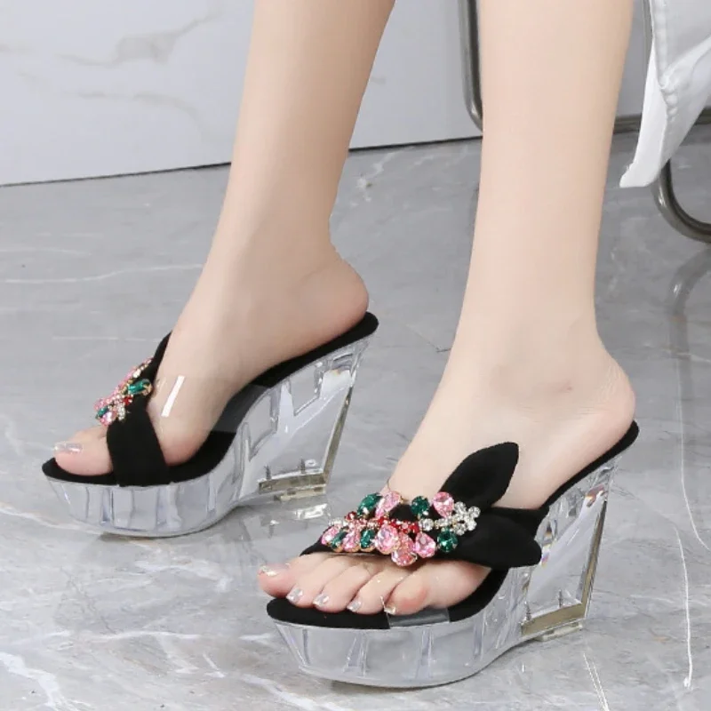 Summer Women Slippers Music Festival Sexy Wedge 11CM Nightclub High Heels Trendy T-Table Steel Tube Transparent Crystal Shoes