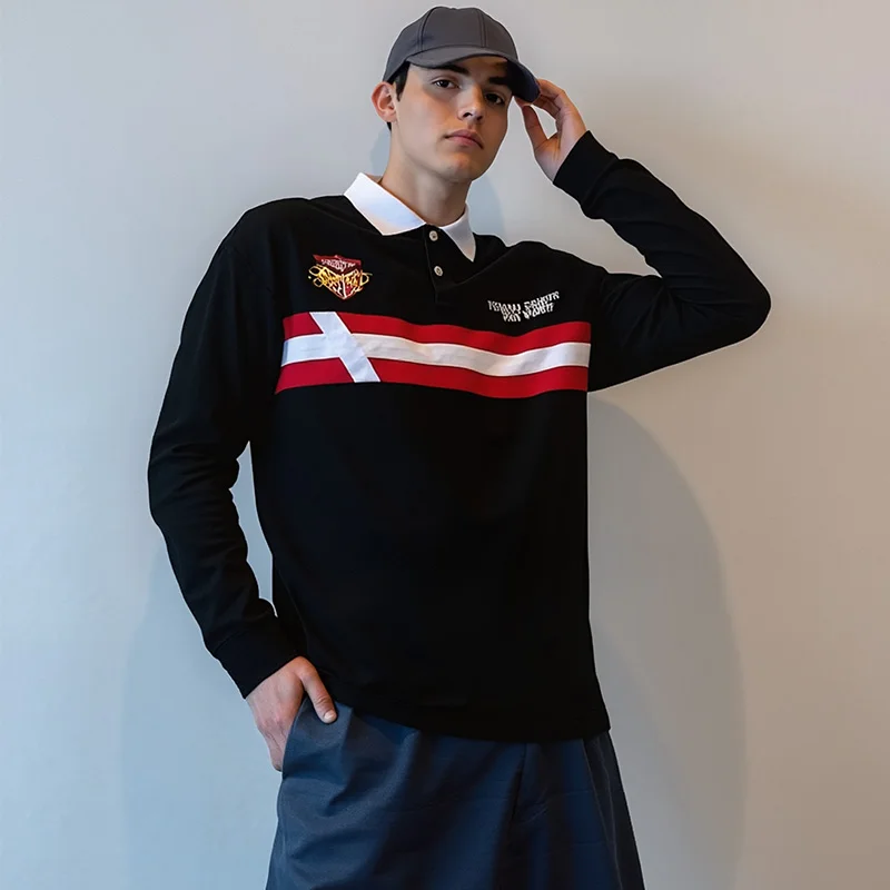 

2025 Veidoorn Autumn Men's Long Sleeve Polo Sweatshirt American Style Casual Athletic Top for Gym Training Streetwear Cotton