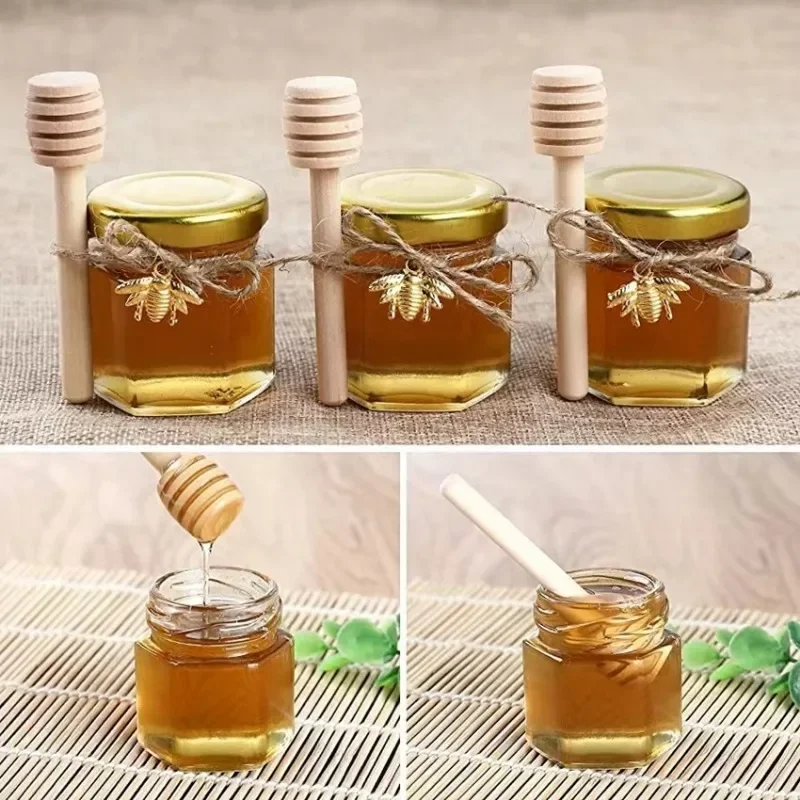 1.5Oz Hexagon Mini Glass Honey Jars Bee Pendants and Jutes with Wood Dipper Home Jam Jars for Party Favors Wedding Baby Shower