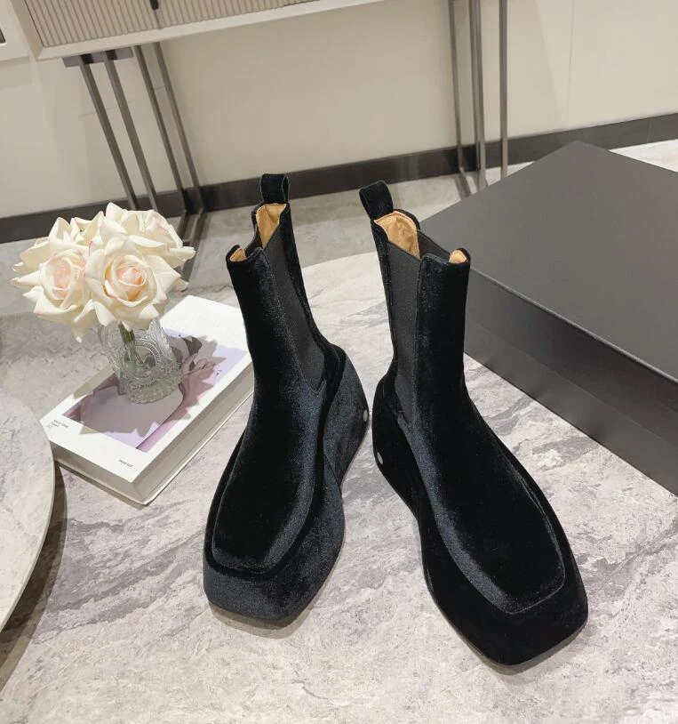 Soft Cake Thick Bottom Water Platform Velvet Slip on Short Boots Female Gold Blue Gorgeous Luxury Height Increasing Party Shoe