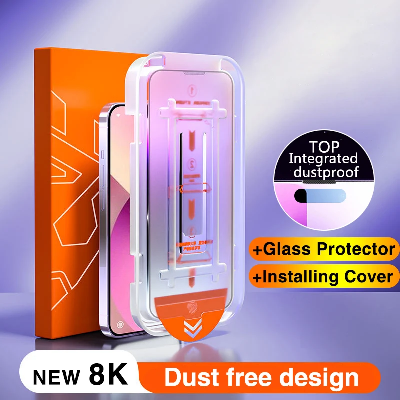 New 8K Oleophobic Coating Dust free Installation Screen Protector For iPhone 16 15 14 13 12 11 PRO MAX XS XR Plus Tempered Glass