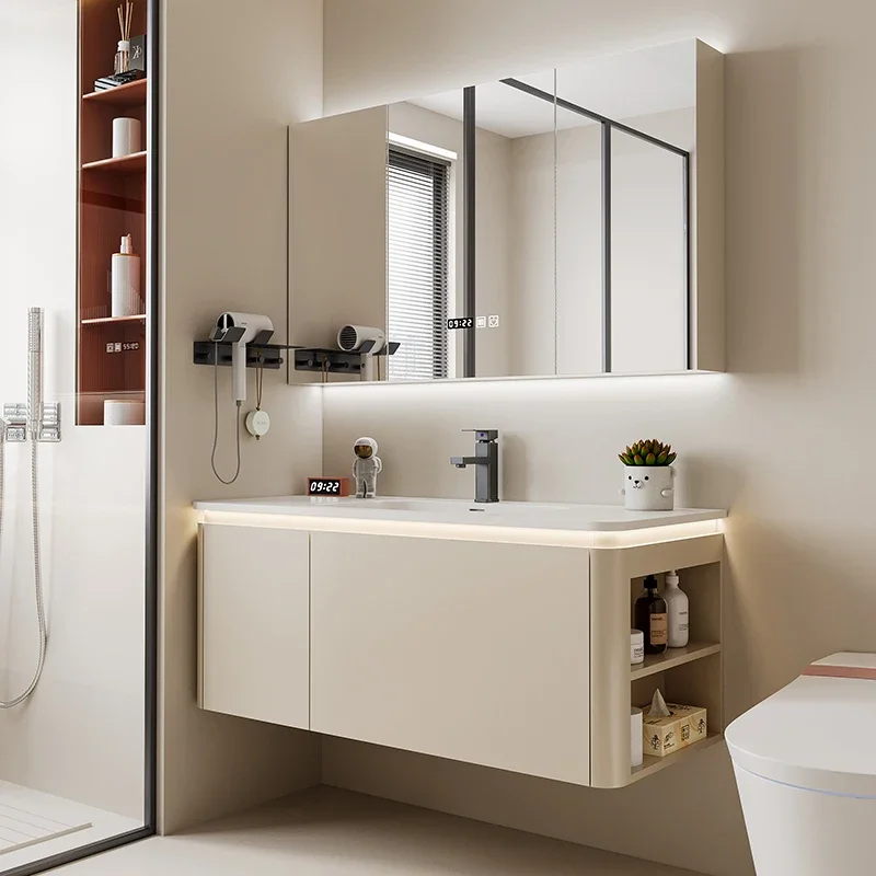 

2024 new cream wind integrated basin, bathroom cabinet combination, side storage, bathroom, washstand, face wash basin